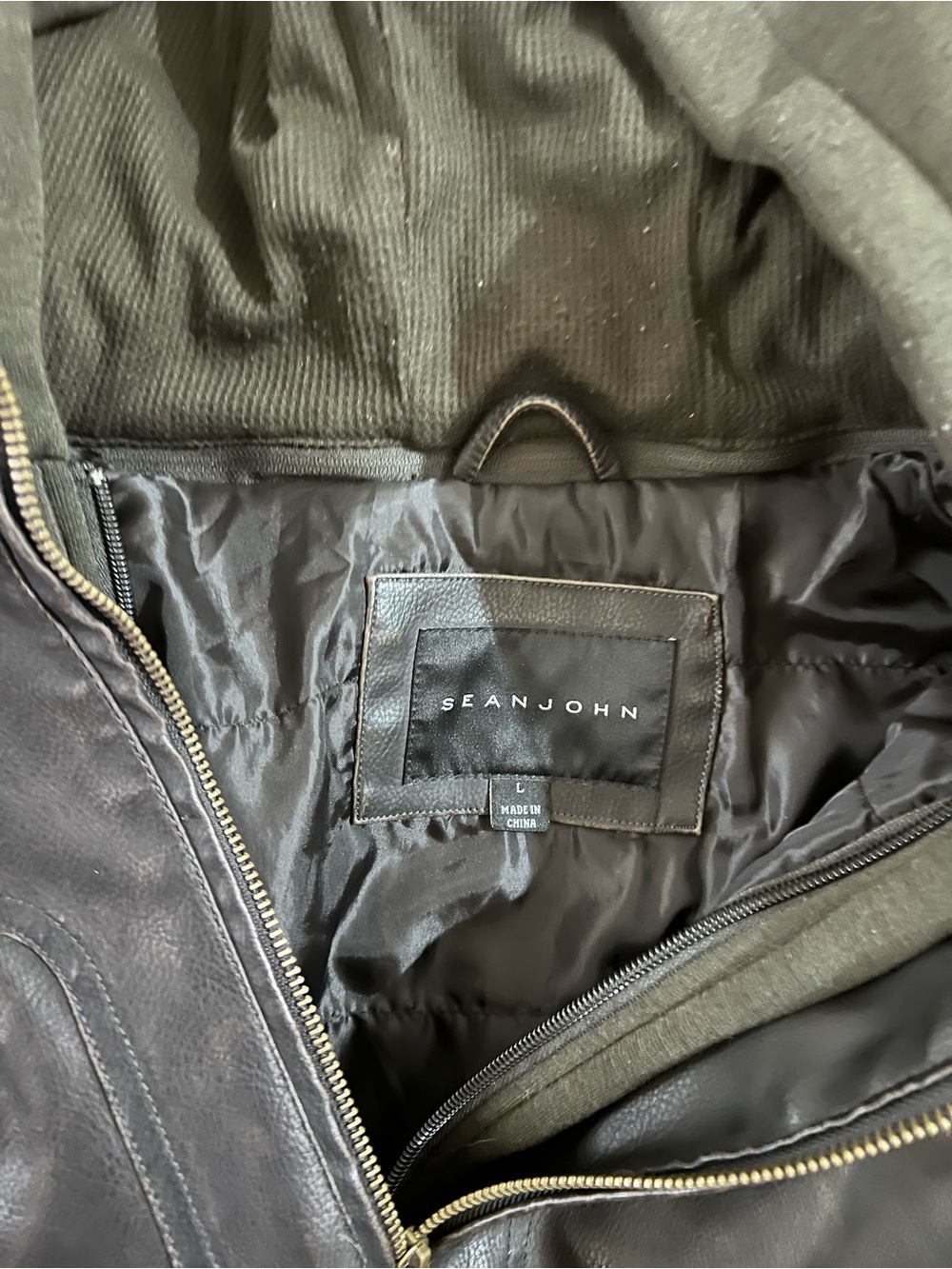 Sean John Black Leather Bomber Jacket with Zip